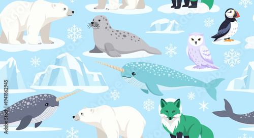 Arctic Animals in Winter Landscape Scene.