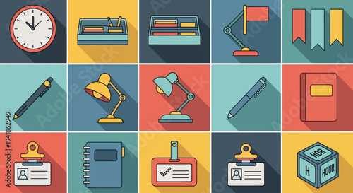 Colorful office supplies and gadgets.