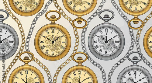 Vintage Pocket Watches with Chains and Faces.