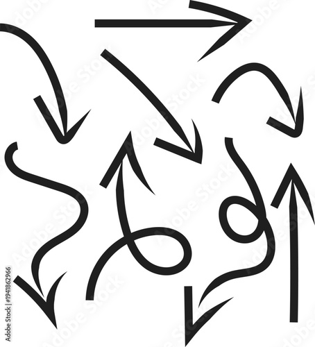A diverse set of hand drawn black arrows pointing in various directions on a white surface
