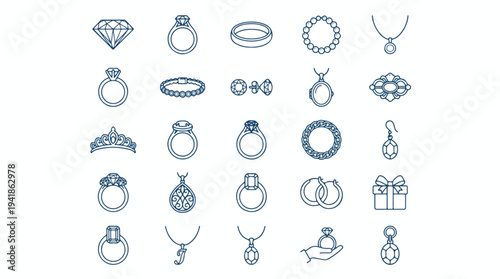 Minimalist line art icons of various jewelry pieces and gift boxes, arranged neatly on a white background
