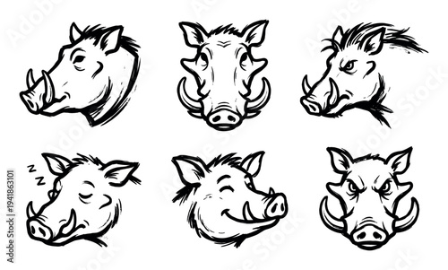 Set of six wild boar head illustrations with different emotions, hand-drawn in a black ink brush stroke style for a powerful mascot design showing angry, happy, and sleeping expressions