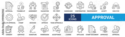 Approval icon set. Containing accept, certified, thumps up, agreement, approve, validation, seal approved, confirmation and decision icons. Outline icon set. Vector illustration.