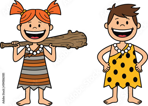 Cute caveman kids cartoon characters with prehistoric clothing and wooden club, stone age boy and girl vector illustration