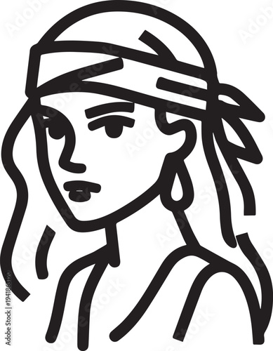 Hand Drawn Woman Pirate Black and White Avatar Illustration in Minimal Line Art Style Design