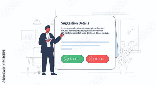 Vector illustration of man presenting on a digital suggestion details screen