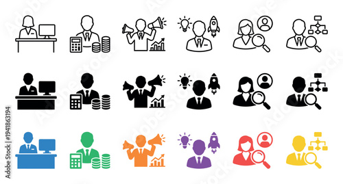 Versatile set of business management icons in line, solid glyph, and color styles representing finance, marketing, human resources, and startup concepts
