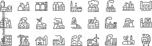 Set of outline icons related to factory, plants, industrial. Linear icon collection. Editable stroke. Vector