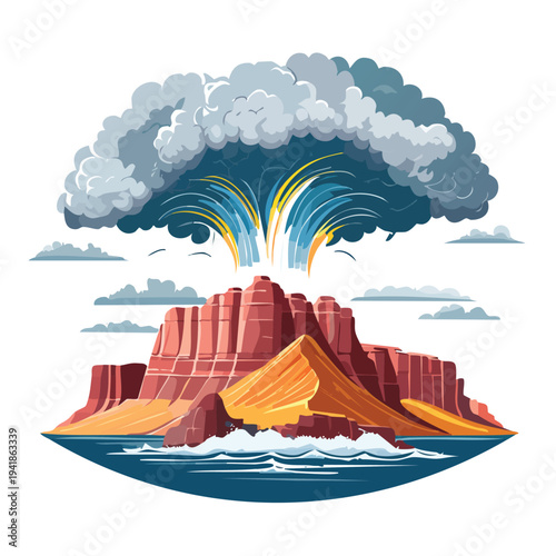 Stylized illustration of a mountain range with dynamic cloud formation
