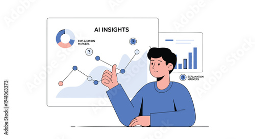 Vector illustration of man analyzing AI data charts and graphs