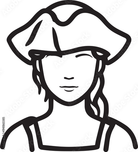 Hand Drawn Woman Pirate Black and White Avatar Illustration in Minimal Line Art Style Design