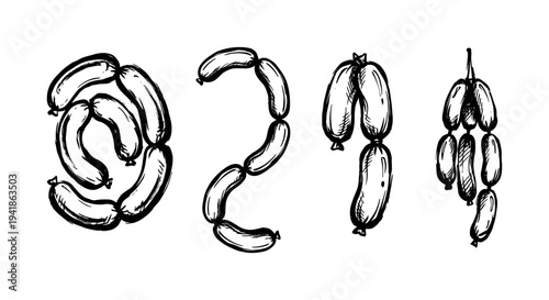 Hand-drawn black and white sausages forming various shapes, including a coiled arrangement, linked chains, and the numbers two and nine, rendered in a rustic sketch style