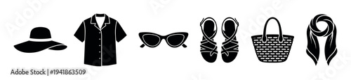 Collection of black silhouette summer fashion accessories and clothing items, including a hat, shirt, sunglasses, sandals, tote bag, and scarf, presented in a clean, minimalist graphic style