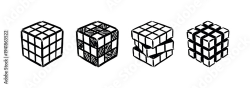 Four hand-drawn abstract cube structures are depicted in a distinct, sketchy black and white illustration style, showcasing various geometric configurations