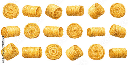 A charming watercolor collection of hay bales featuring round straw rolls illustrated in a rustic countryside farm style.