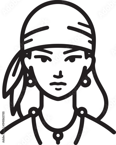 Hand Drawn Woman Pirate Black and White Avatar Illustration in Minimal Line Art Style Design