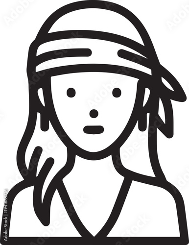 Hand Drawn Woman Pirate Black and White Avatar Illustration in Minimal Line Art Style Design