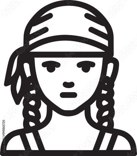 Hand Drawn Woman Pirate Black and White Avatar Illustration in Minimal Line Art Style Design