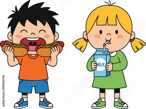 Cute kids eating hotdog and drinking milk cartoon characters, happy children enjoying food and beverage vector illustration for nutrition concept