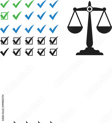 Checkmark Checkbox and Justice Scale Icon Set Featuring Approval Tick Marks and Legal Balance Symbols for Verification and Law Concepts