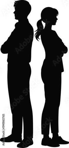 Silhouette of a young man and woman standing back to back with crossed arms symbolizing relationship conflict, disagreement, breakup, divorce, or professional competition.