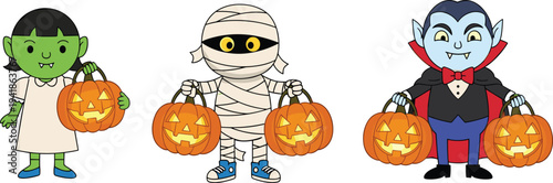 Cute Halloween monster characters holding pumpkin buckets, vampire mummy zombie kids trick or treat cartoon set, colorful vector illustration for holiday design