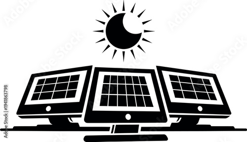 Three computer monitors with solar panels on screen under the sun