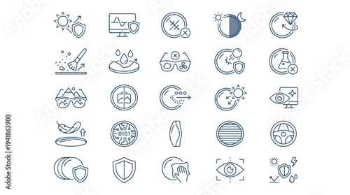 Minimalist line art icons set, business and technology symbols, modern design elements, flat style graphics, white background