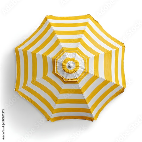 A yellow and white striped beach umbrella on a clean white background