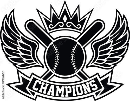 Illustrative emblem featuring a baseball crossed bats wings and crown symbolizing championship victory