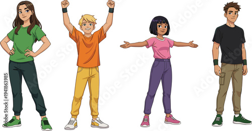 Diverse teenage characters standing in casual poses, modern youth fashion cartoon people set, colorful flat vector illustration for lifestyle design