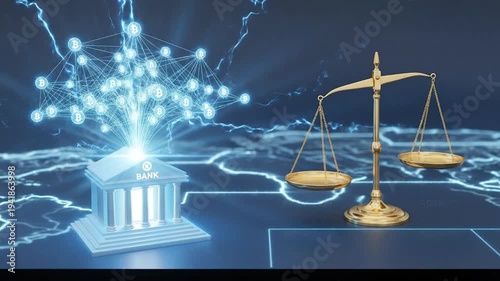Digital Bank and Scales of Justice Representing Financial Regulation and Stability in the Modern Economy.