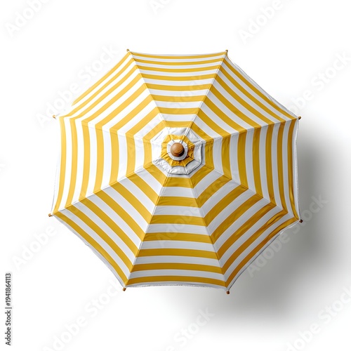A yellow and white striped umbrella with a cup of coffee on a white background
