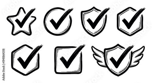 Seven distinct hand-drawn black-and-white checkmark icons are presented, each enclosed within a unique frame like a star, circle, shield, square, or hexagon, all rendered in a bold, sketchy style