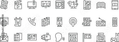 Set of mass media, social networks, public media, journalism, communication, networking. Outline icon collection. Editable stroke. Vector