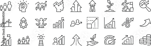 Set of outline icons related to growth. Linear icon collection. Editable stroke. Vector