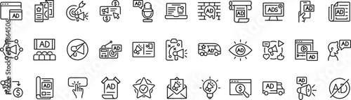 Set of outline icons related to advertisiment, marketing, ads. Linear icon collection. Editable stroke. Vector