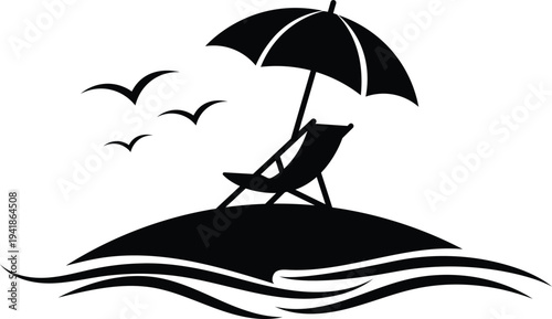 Stylized illustration of a beach scene with a lounge chair umbrella and flying birds over waves