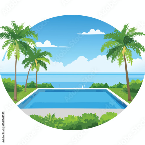 Swimming pool view with palm trees and a sunny seascape