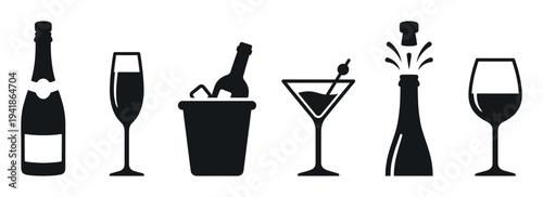 Various black silhouette icons of celebratory alcoholic beverages, including champagne bottles, a flute, a martini glass, and a wine glass, presented in a clean, graphic style