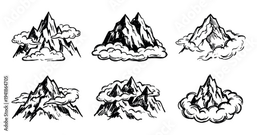 Six hand-drawn black and white mountain illustrations featuring jagged peaks and swirling clouds, rendered in a dynamic, expressive ink sketch style