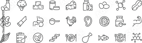 Set of outline icons related to protein. Linear icon collection. Editable stroke. Vector