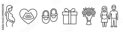 These modern black outline icons depict pregnancy and new parenthood, featuring a pregnant woman, ultrasound, baby booties, gift, flowers, and a couple, presented in a minimalist line art style