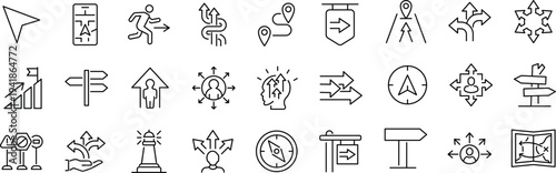 Set of outline icons related to guidance. Linear icon collection. Editable stroke. Vector illustration