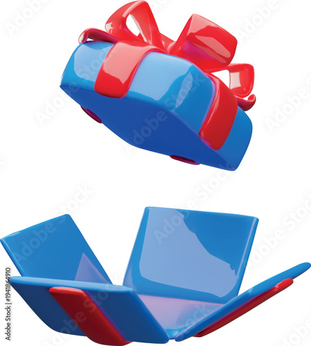 3D open blue gift box with red ribbon bow vector icon, realistic festive present surprise unbox package with flying lid