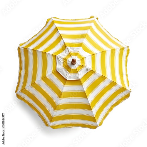 A vibrant yellow and white striped umbrella against a clean white background