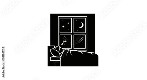 Vector illustration of a bed by a window at night