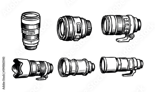 Six detailed hand-drawn camera lenses are depicted in a classic black and white sketch style, showcasing various photographic equipment designs with intricate details and textures