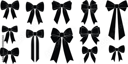 Collection of black bows in various sizes and styles