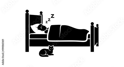 Vector illustration of sleeping dog and cat by bed